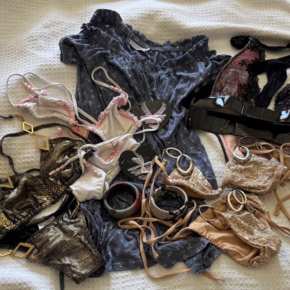 Fabric lot beach, Bunny bikinis, bracelets, swim tops, and bottoms vintage older
